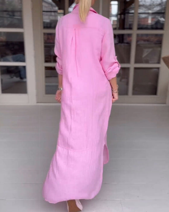 Solid color button lapel casual dress