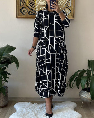 Loose Shift Dress with Pocket and Round Neck
