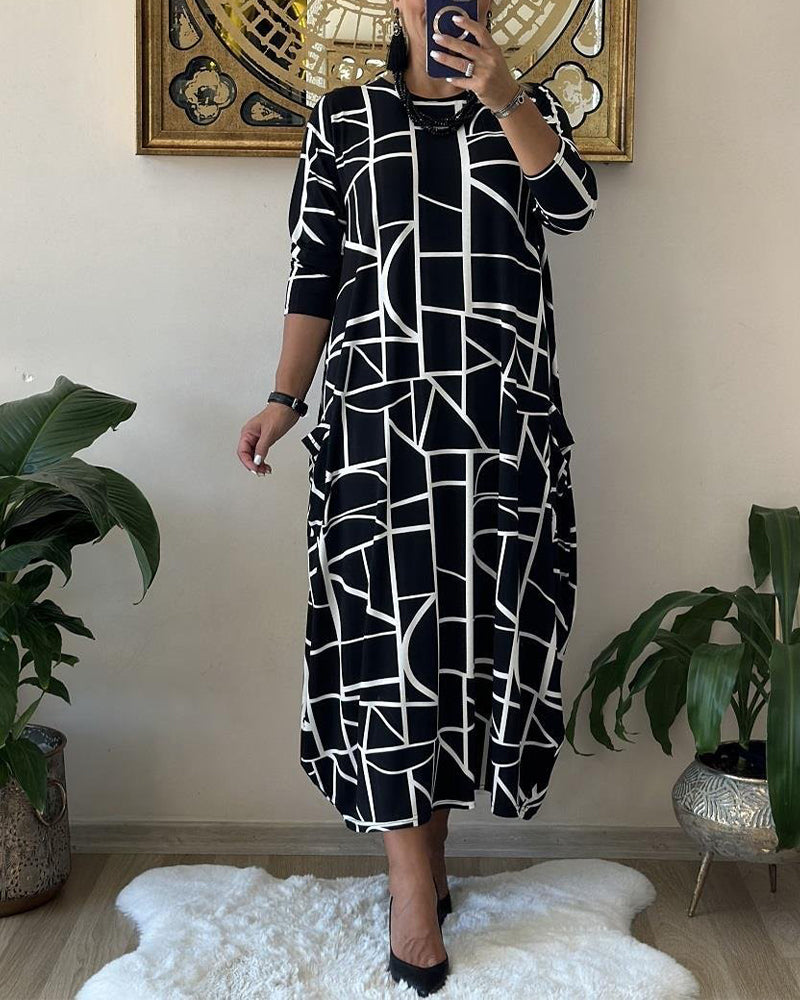 Loose Shift Dress with Pocket and Round Neck