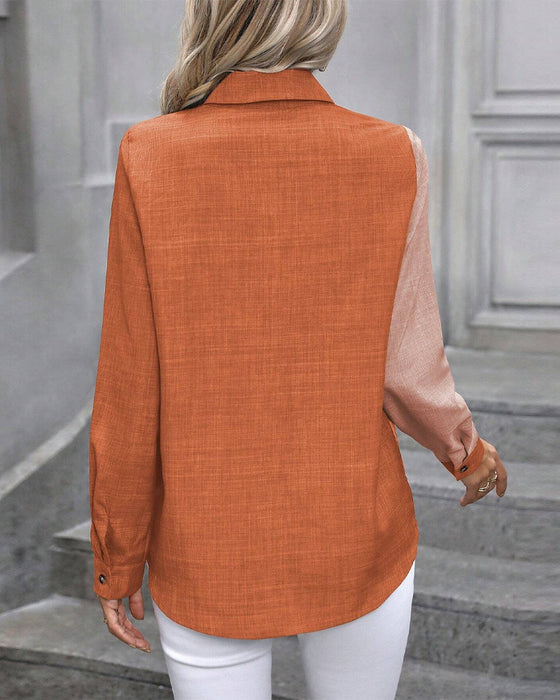 Single Breasted Colorblock Lapel Blouse