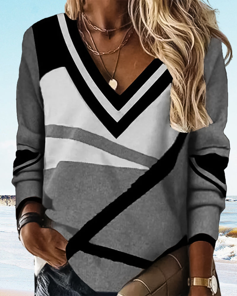 V-neck color-block long-sleeved top