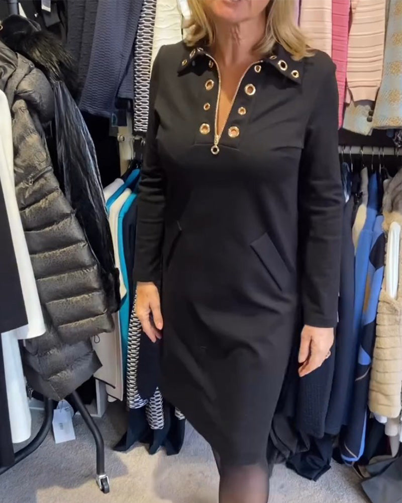 Zippered lapel long-sleeved dress