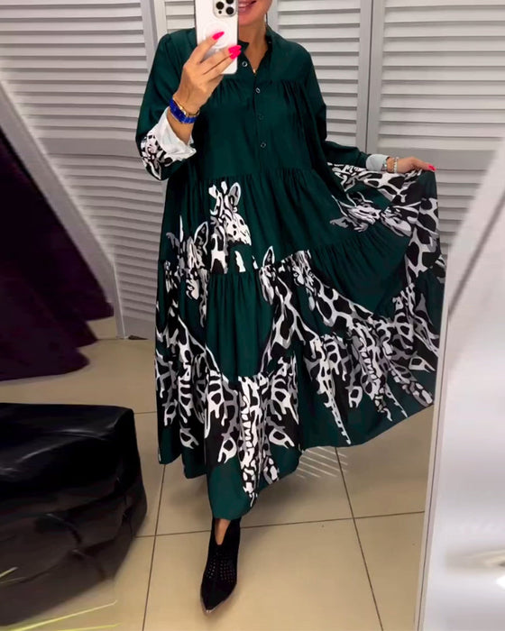Printed button casual long dress