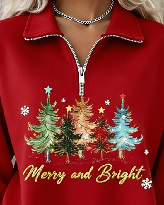 Half-Zip Christmas Tree Print Sweatshirt