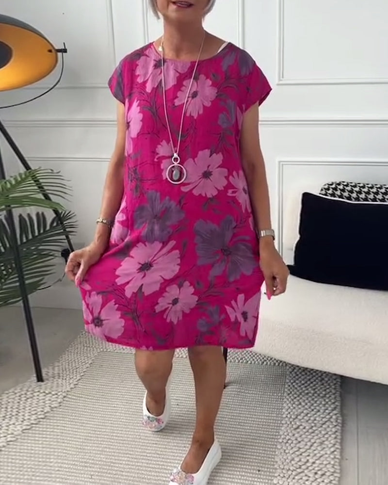 Casual floral print short-sleeve pockets loose dress