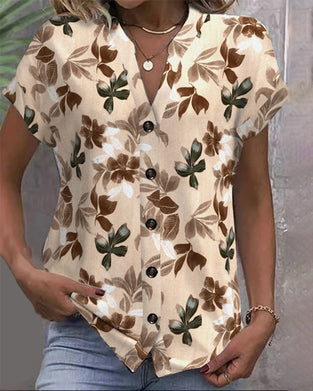 Stand Collar Short Sleeve Printed Blouse