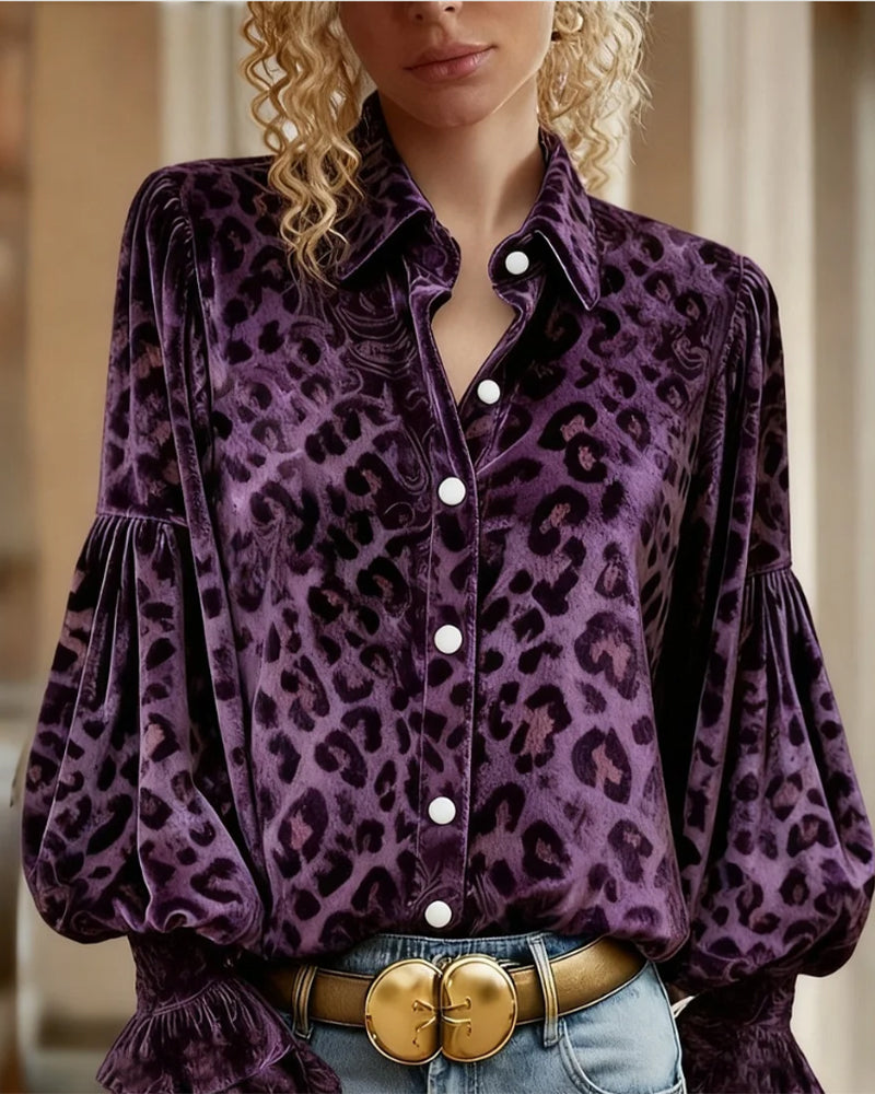 Lantern-Sleeve Leopard-Print Shirt