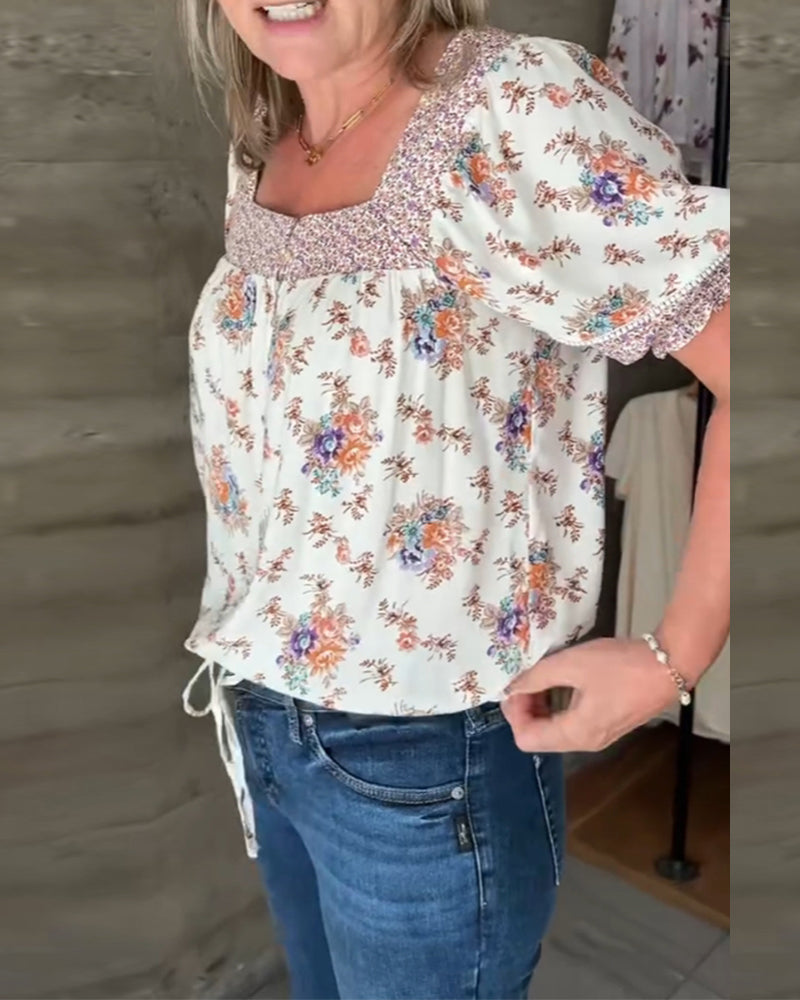 Print square neck short sleeve top