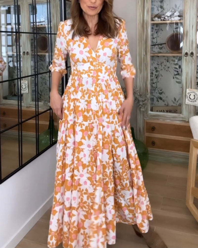 V-Neck Floral Print Maxi Dress