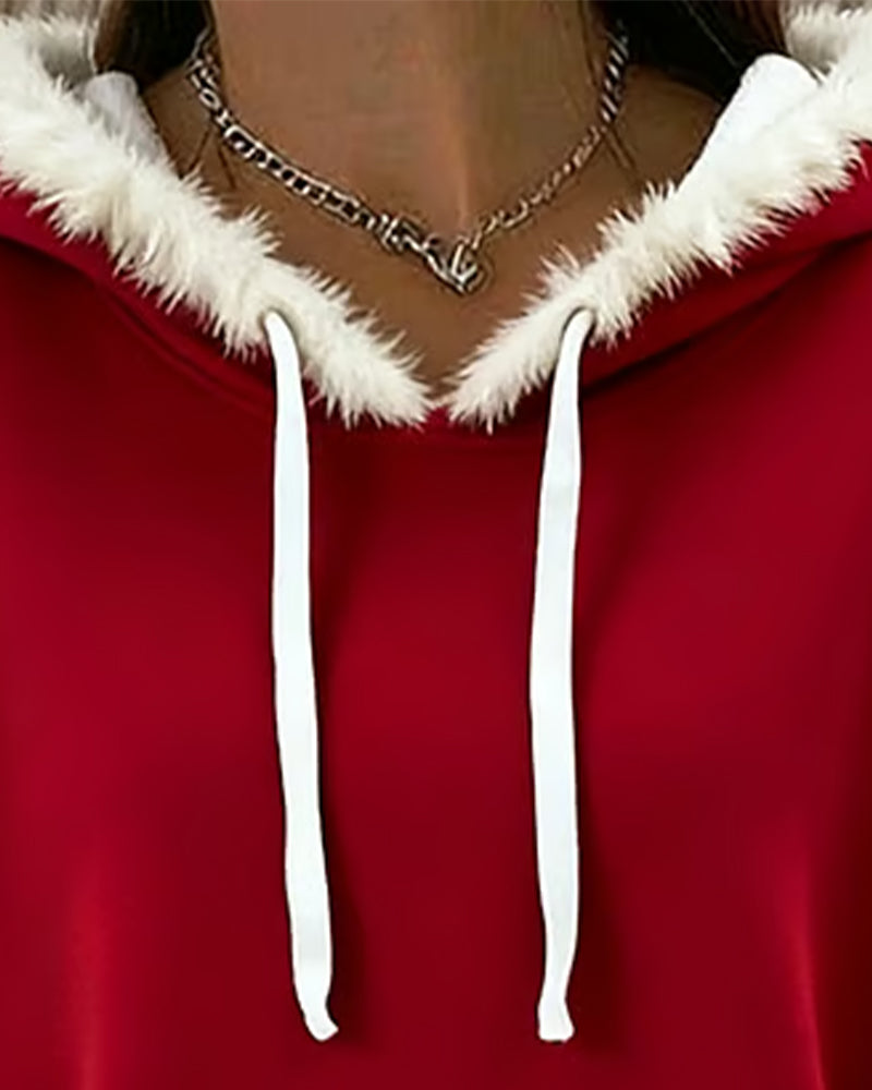 Furry Trim Hooded Pocket Sweatshirt