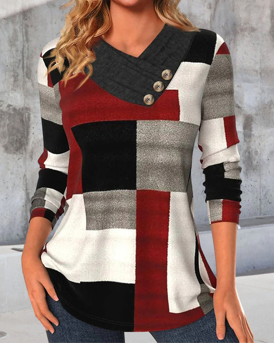 Colorblock Top V-Neck Long Sleeves
