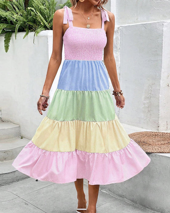 Contrast color patchwork suspender dress
