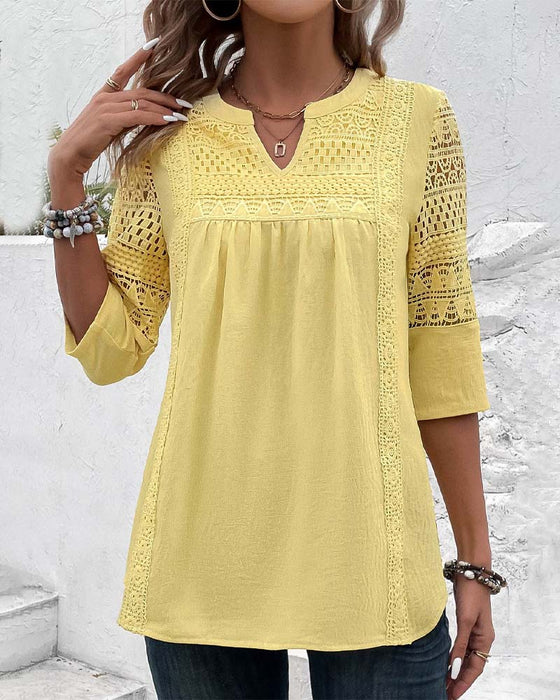 Hollow 3/4 sleeve solid color top