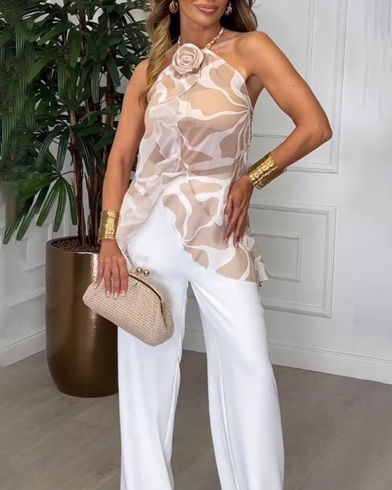 3D Rose Sleeveless Halter Neck Top