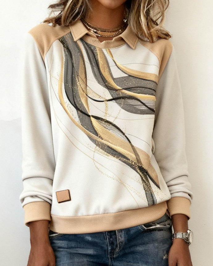 Long-Sleeved Lapel Printed Sweatshirt