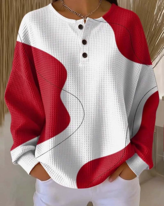 Buttoned Drop Shoulder Color Block Sweatshirt