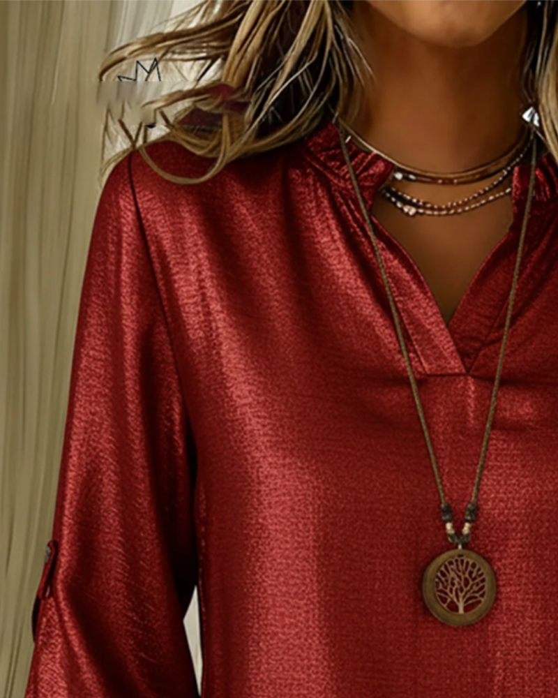 Ruffled Solid Color V-Neck Blouse