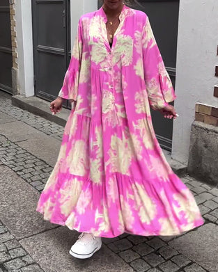 Loose printed V-neck bell sleeve patchwork dress