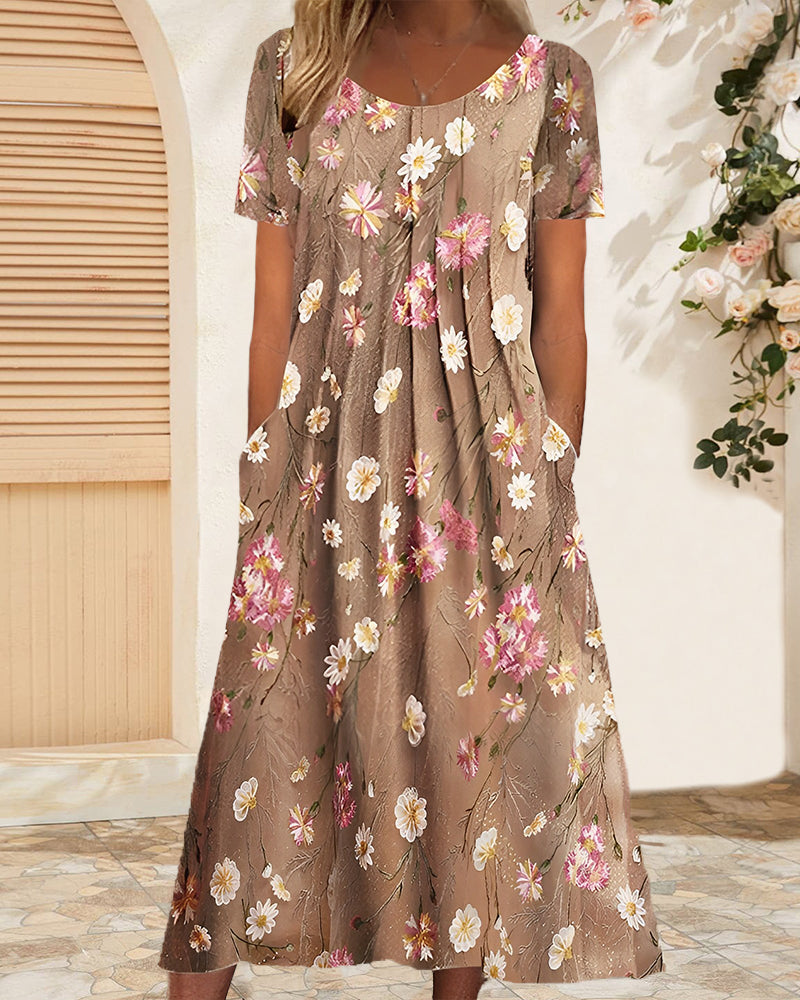 Round neck floral print short sleeve dress