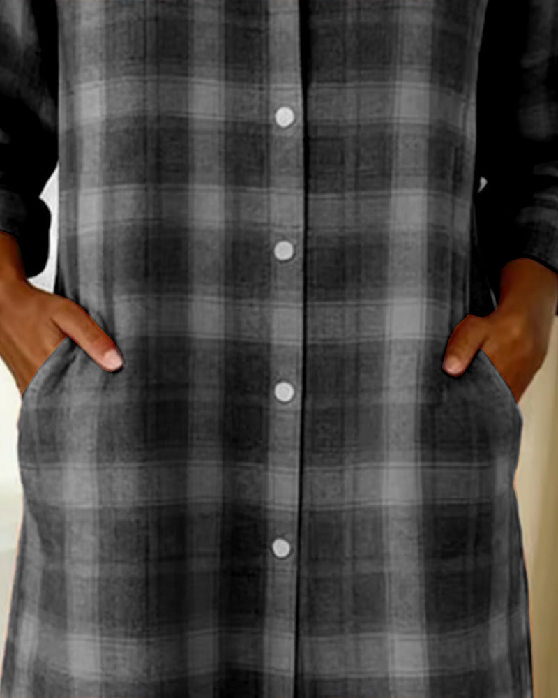 Lapel Plaid Button-Down Shirt Dress