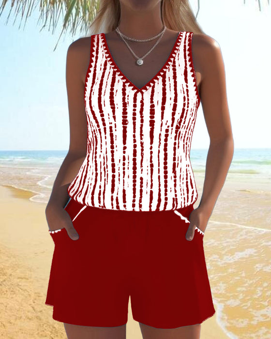 Casual Pocket V-Neck Printed Two-Piece Swimsuit