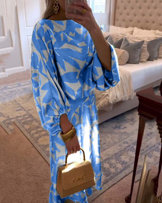 Temperament Printed Lantern Sleeves Casual Dress Set