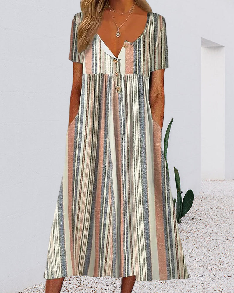 Striped colorblock print pocket dress