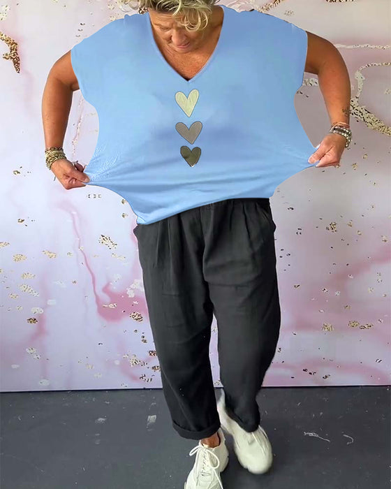 V-neck short-sleeved heart blouse
