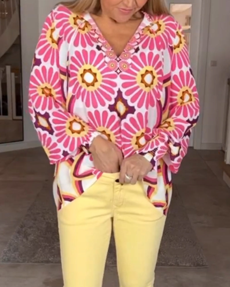 Long sleeve Geometric Print Blouse