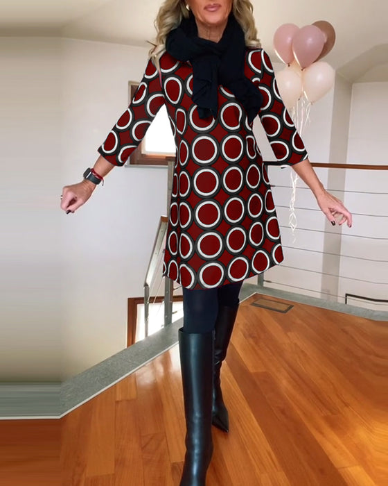 Round neck circle print casual dress