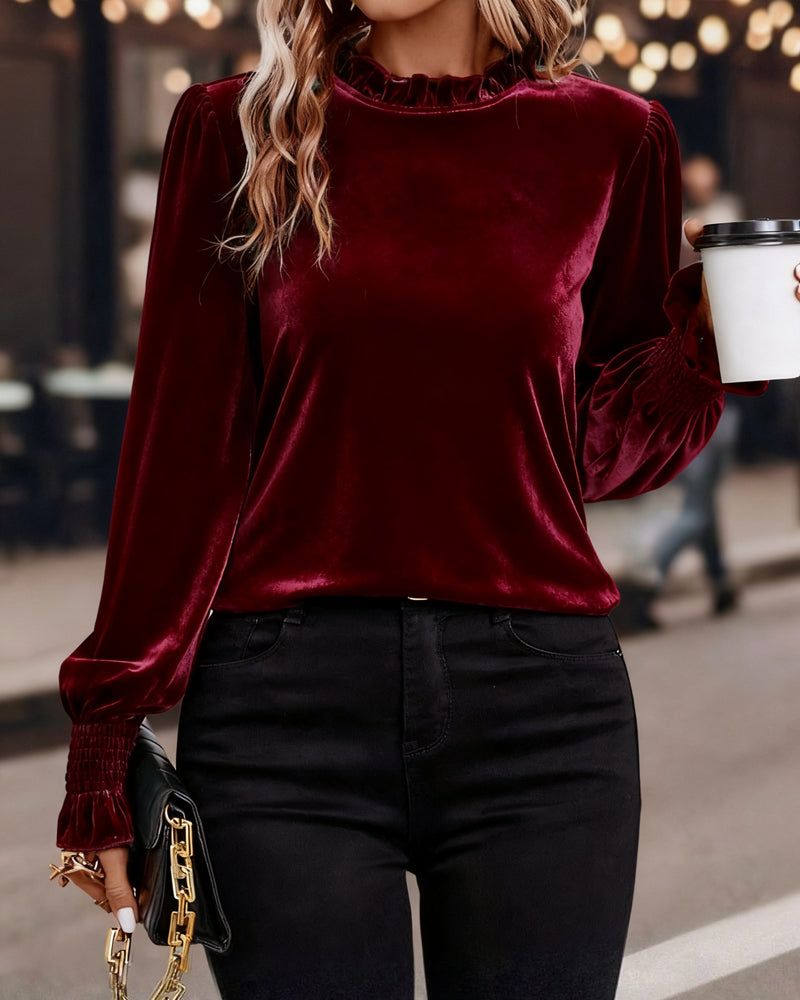 Ruffled Velvet Long Sleeve Top