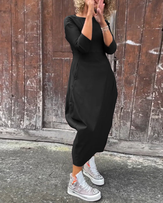 Simple solid color pocket long sleeve elegant dress