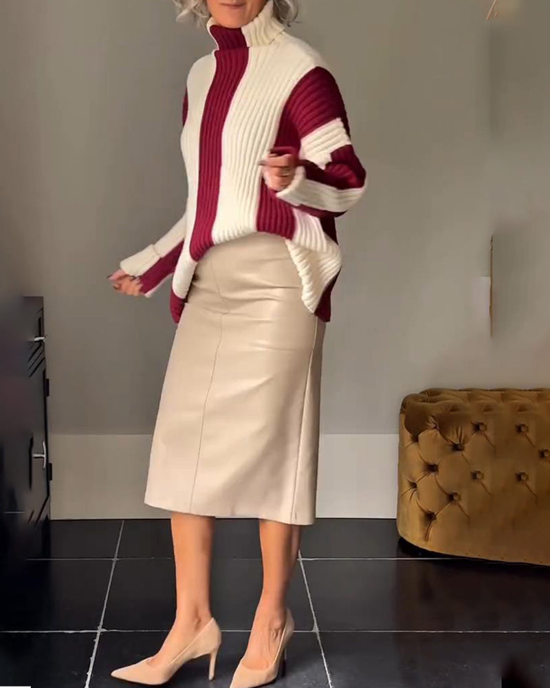 High Collar Vertical Striped Jumper
