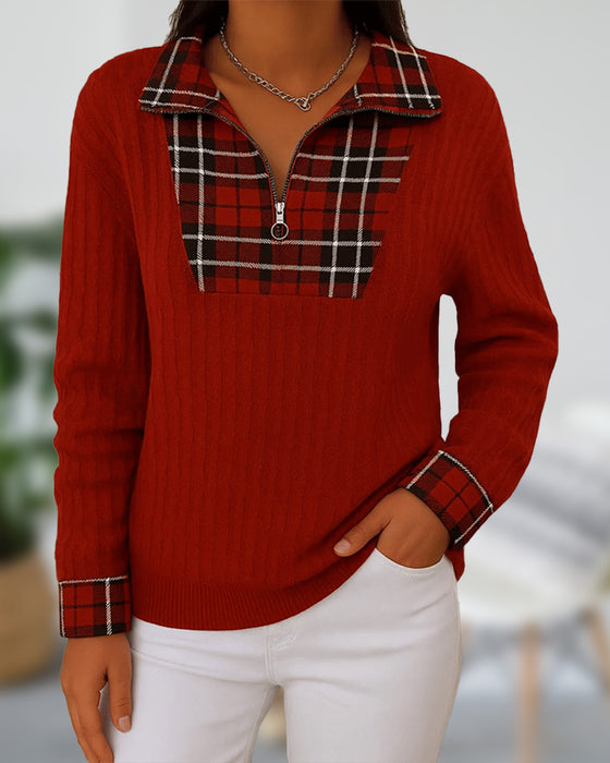 Half-Zip Plaid Color-Block Ribbed Hoodie