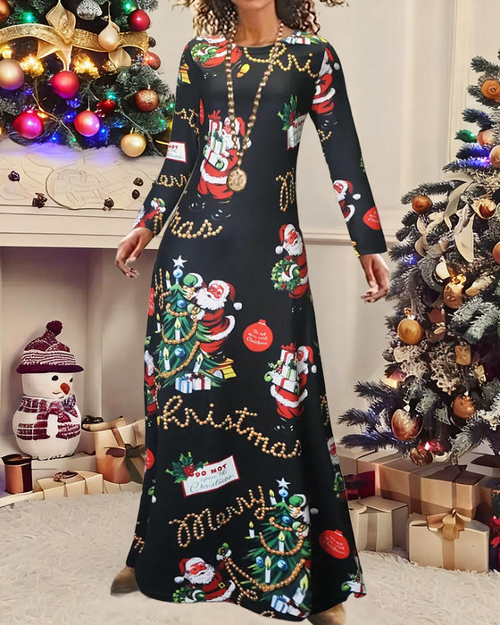 Slim Christmas Printed Long Sleeve Dress
