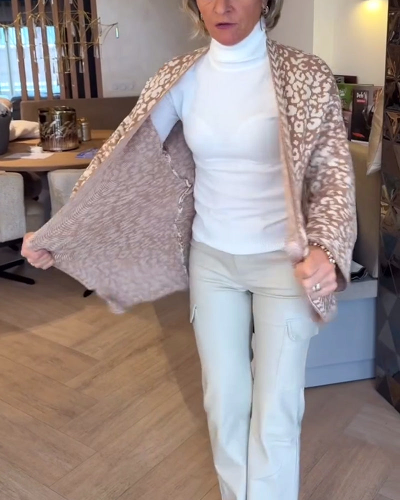 Buttonless Tie-Waist Leopard Jacquard Cardigan