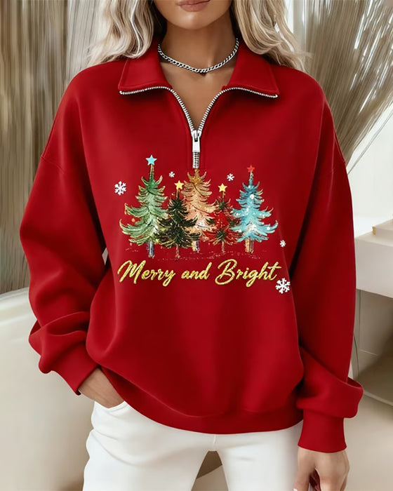 Half-Zip Christmas Tree Print Sweatshirt