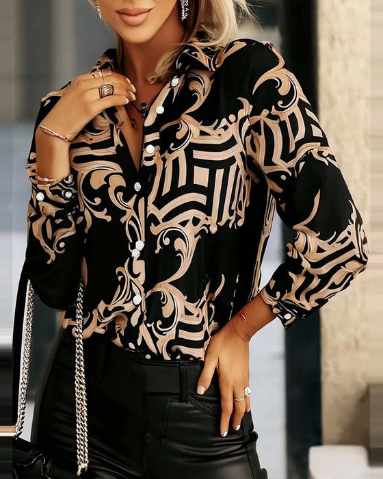 Casual Printed Lapel Long Sleeve Shirt