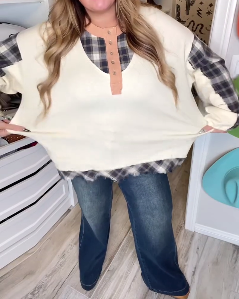 Fashionable Plaid Contrast Color Loose Sweatshirt