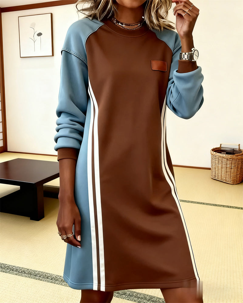 Long-Sleeved Color Block Round Neck Straight Dress