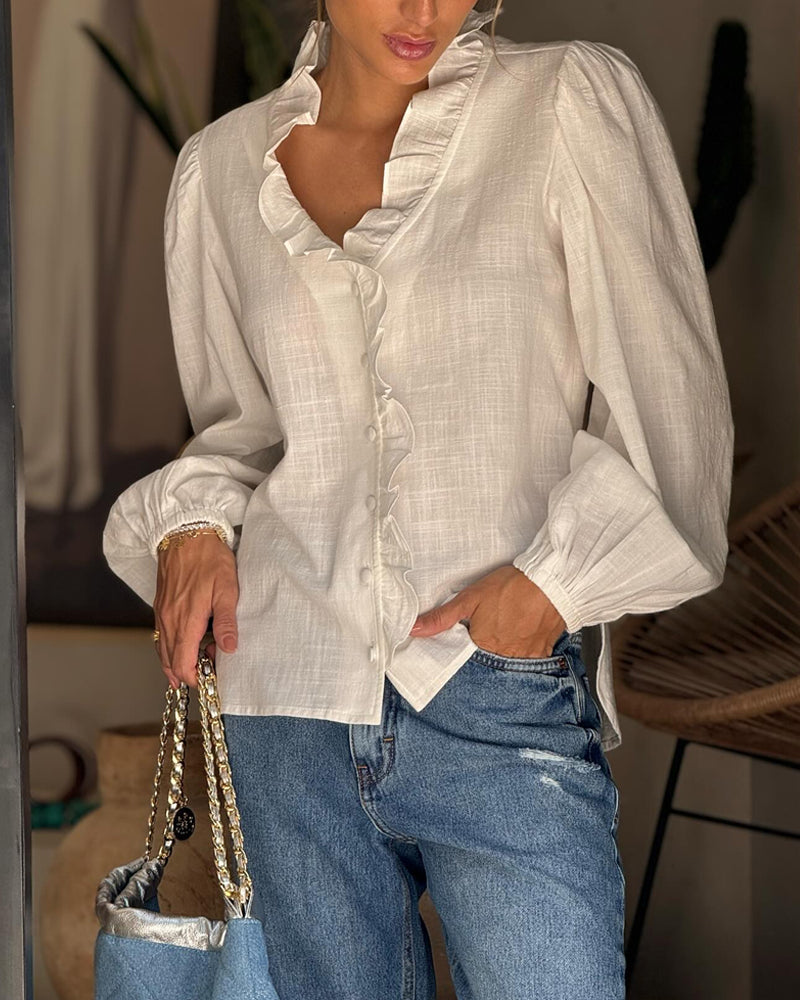 Fungus hem V-neck solid color shirt