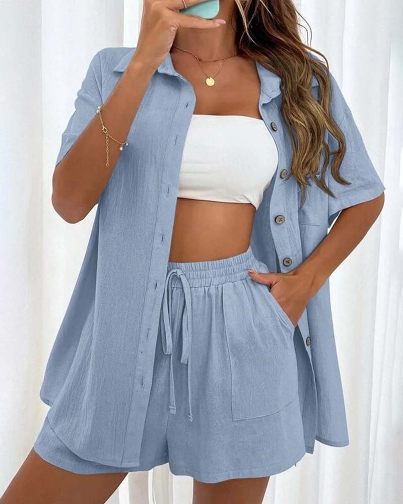 Casual solid color shirt and shorts set