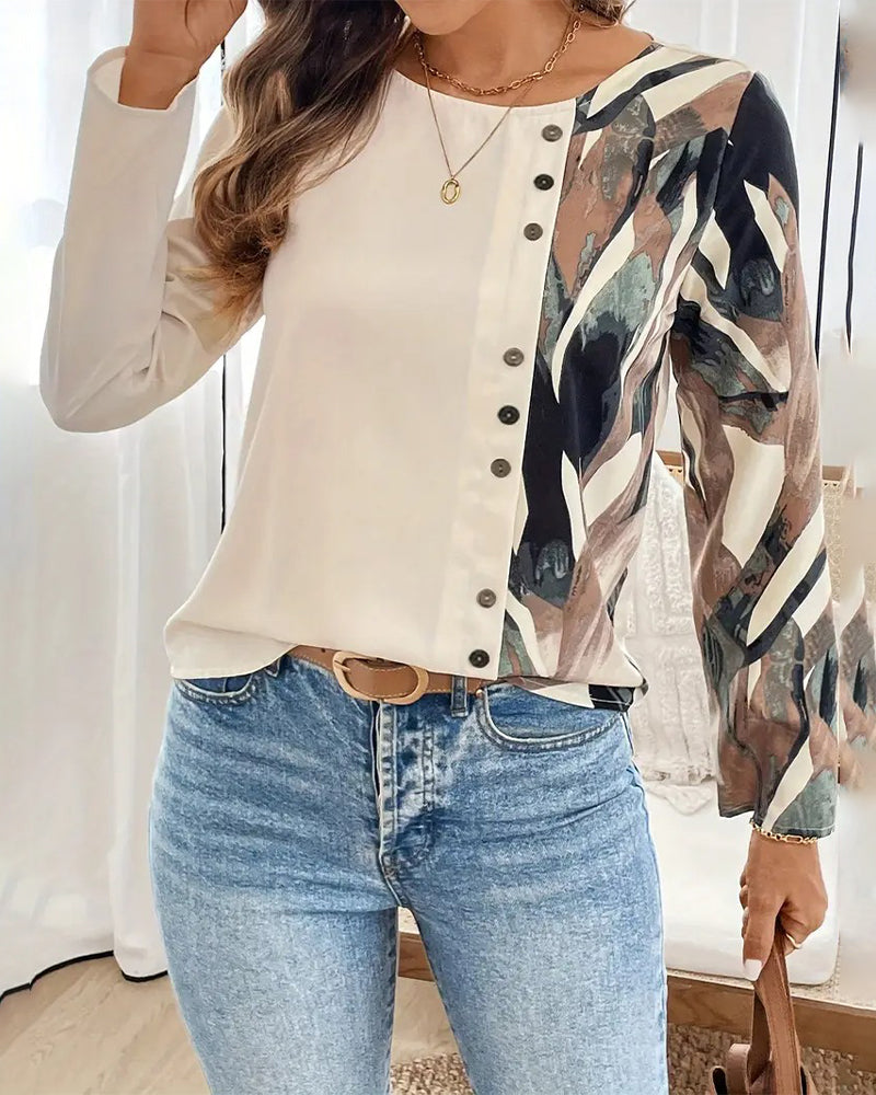 Patchwork Printed Crew Neck Top