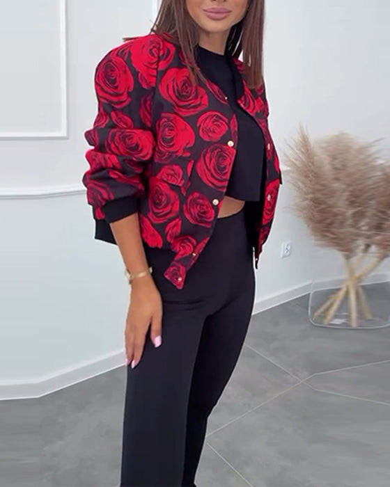 Rose print button casual jacket
