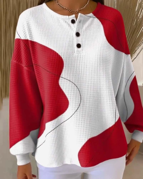Buttoned Drop Shoulder Color Block Sweatshirt