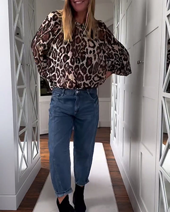 Fashionable Puff Sleeve Leopard Print Top