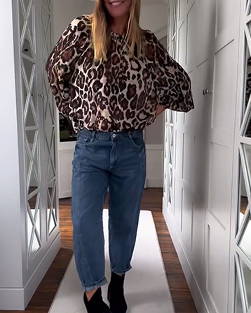 Fashionable Puff Sleeve Leopard Print Top