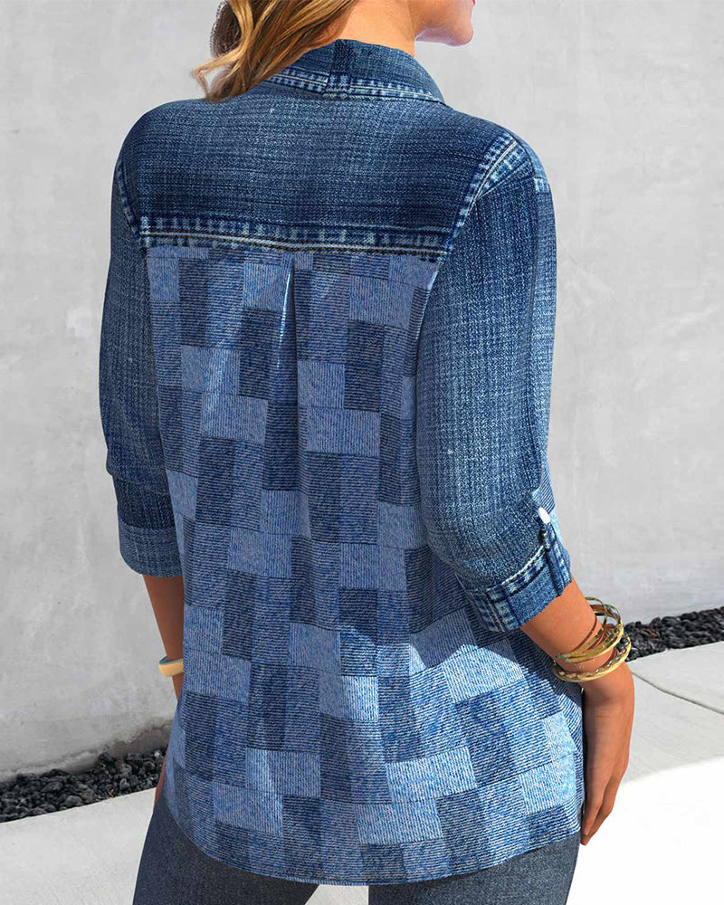 Denim-effect Print Long Sleeve Blouse