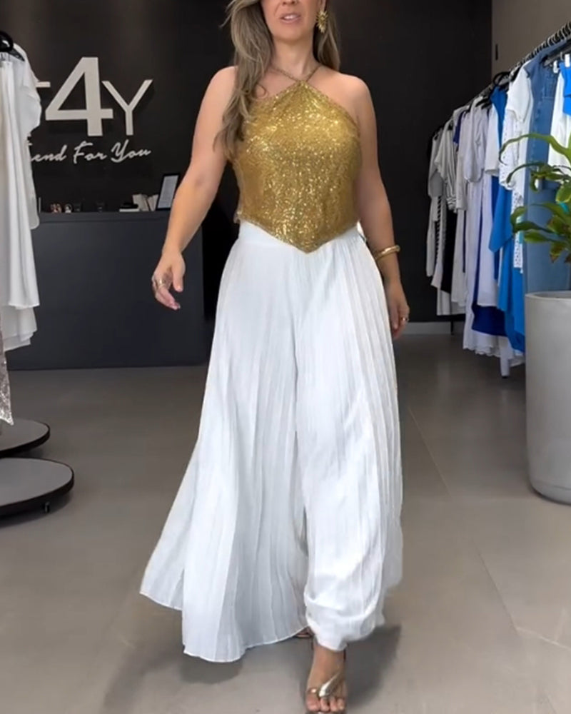 Pleated solid color sleeveless two-piece set