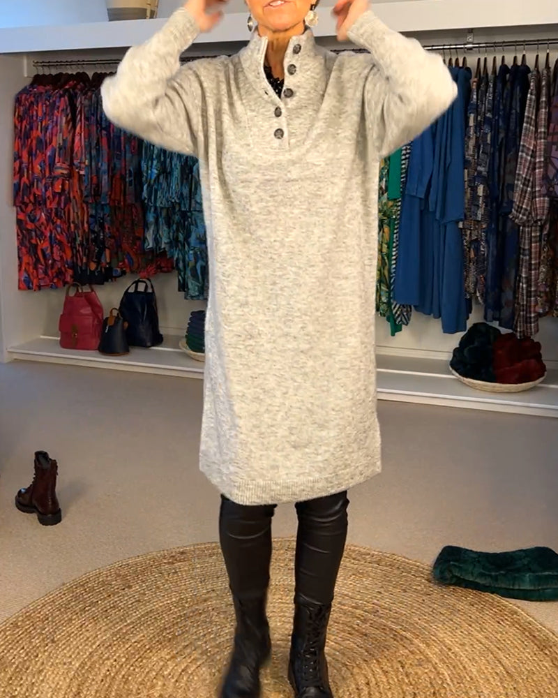 Button Turtleneck Fashion Sweater Dress